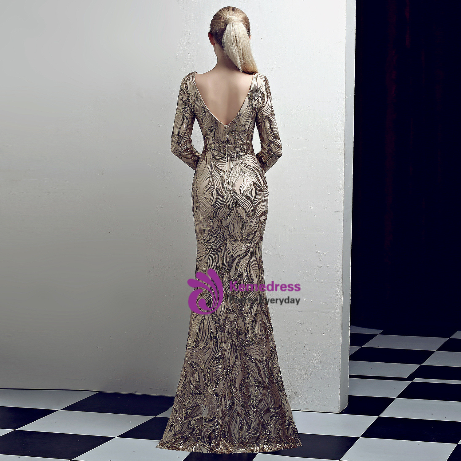 Trendy Shinning Gold Deep V neck Mermaid Prom Gown SREAL177 main image 0