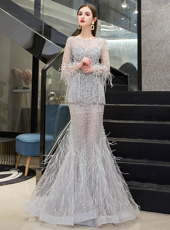 Fabulous Grey Sequined Beading Feather Mermaid Long Sleeves Tulle Prom Dress main image 1