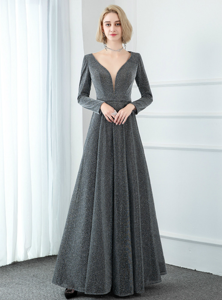 Velvet Long Sleeve V-Neck Prom Dress 20903