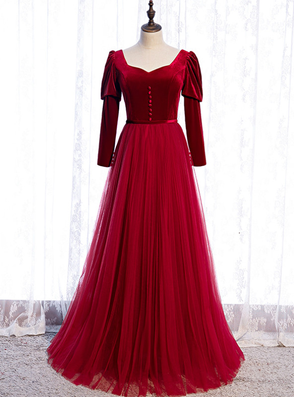 Burgundy Tulle Appliques Long Sleeve Formal Prom Dress main image 0