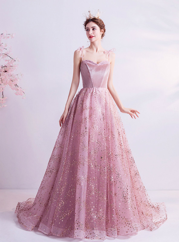 A-line Spaghetti Straps Sequins Applique Tulle Pink Maxi Prom Dress