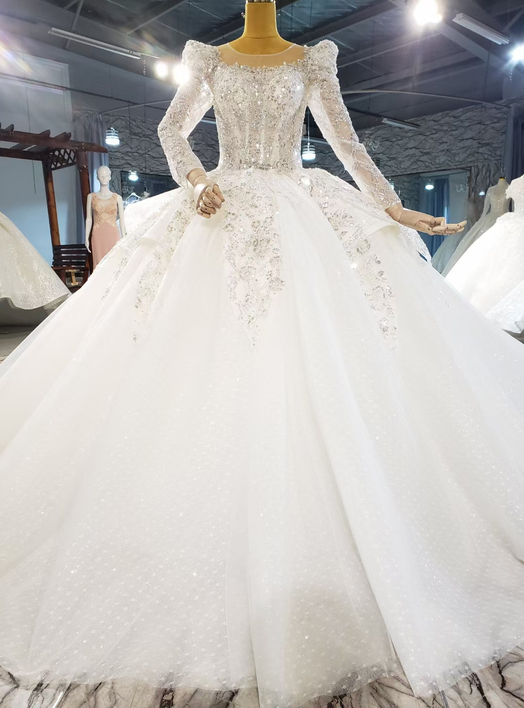 White Tulle Sequins High Neck Long Sleeve Wedding Dress main image 0