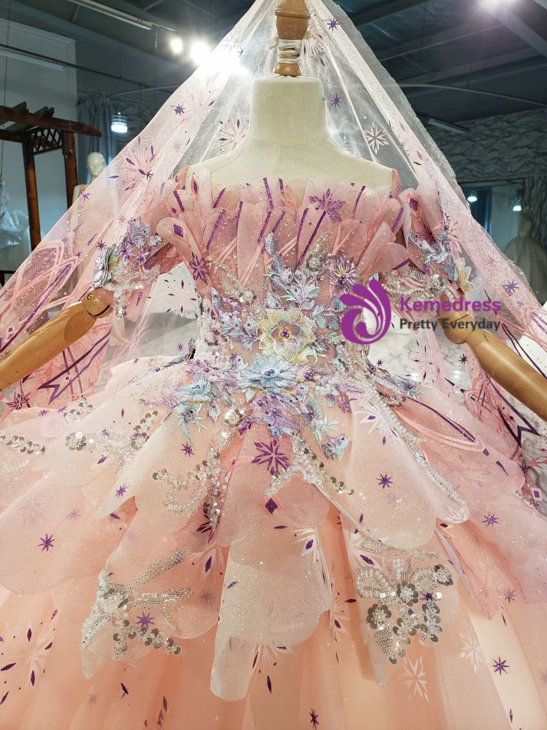 Tiered Tulle Floral Applique Long Flower Girl Dress Blushing Pink