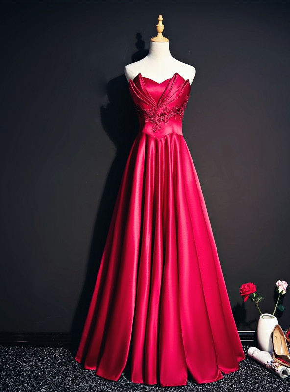 Navy Blue - Strapless Satin Beaded A Line Long Prom Dresses With Bow main image 1