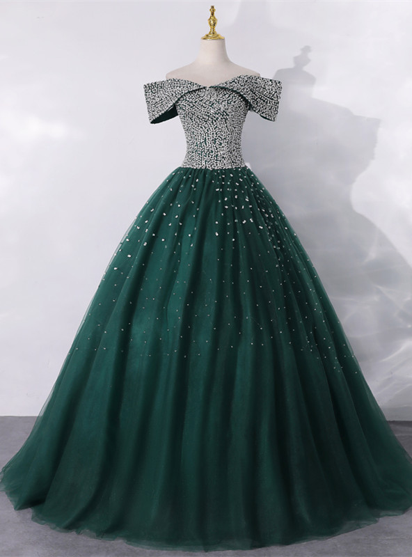 Green Off Shoulder Tulle Quinceanera Dress Ball Gown with Appliques ,DP808