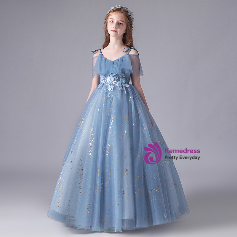Spaghetti Straps Flower Appliqued Tulle Dress Silver