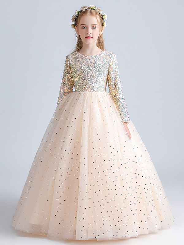 Gold Flower Girl Dress w/ shantung & sparkle tulle with sequins