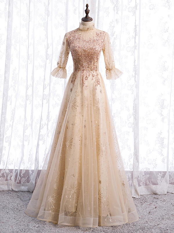 Light Champagne Tulle Square Short Sleeve Prom Dress main image 0