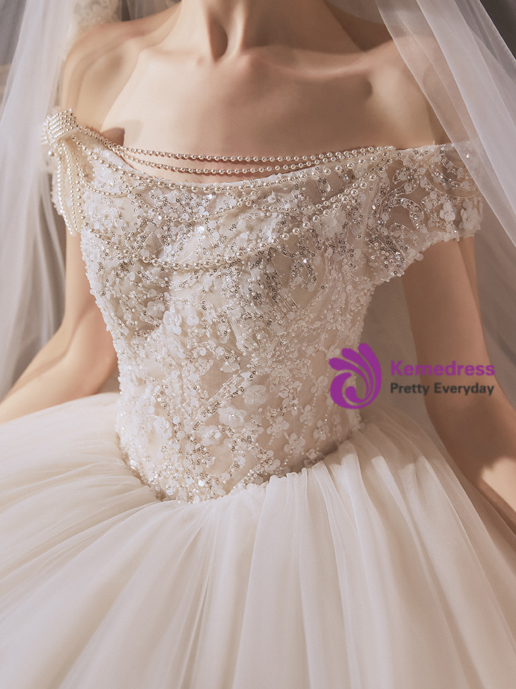 Half Sleeves Ball Gown Beading Appliques Sweep Train Tulle Wedding Dress