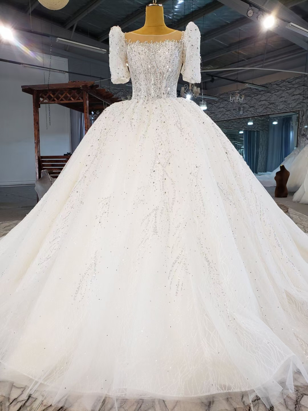 White Tulle Sequins Short Sleeve Backless Wedding Dress