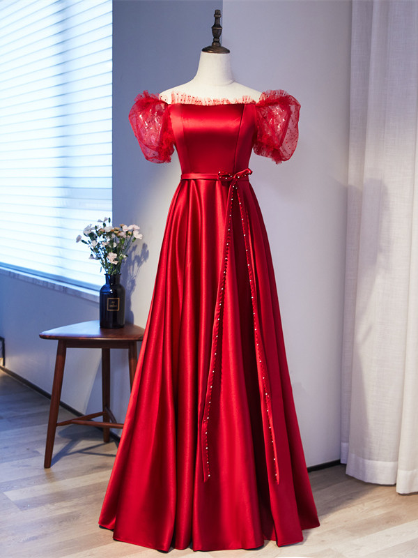 Burgundy Satin Puffy Sleeve Lace Up Prom Dress main image 0