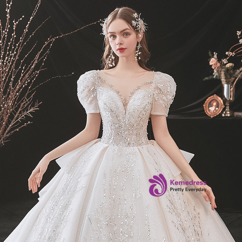 Puffy Short Sleeves Tulle Bridal Dress with Lace Appliques, Long Train Wedding Dress UQ2294