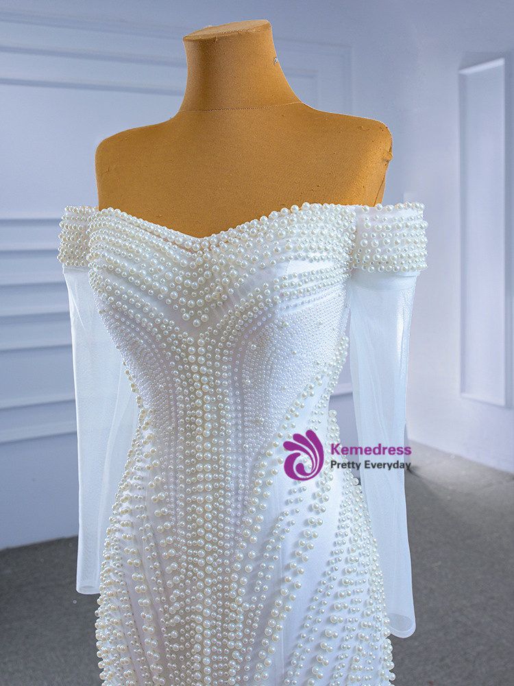 Discover The Latest White Mermaid Tulle High Neck Pearls Wedding Dress With Removable Train
