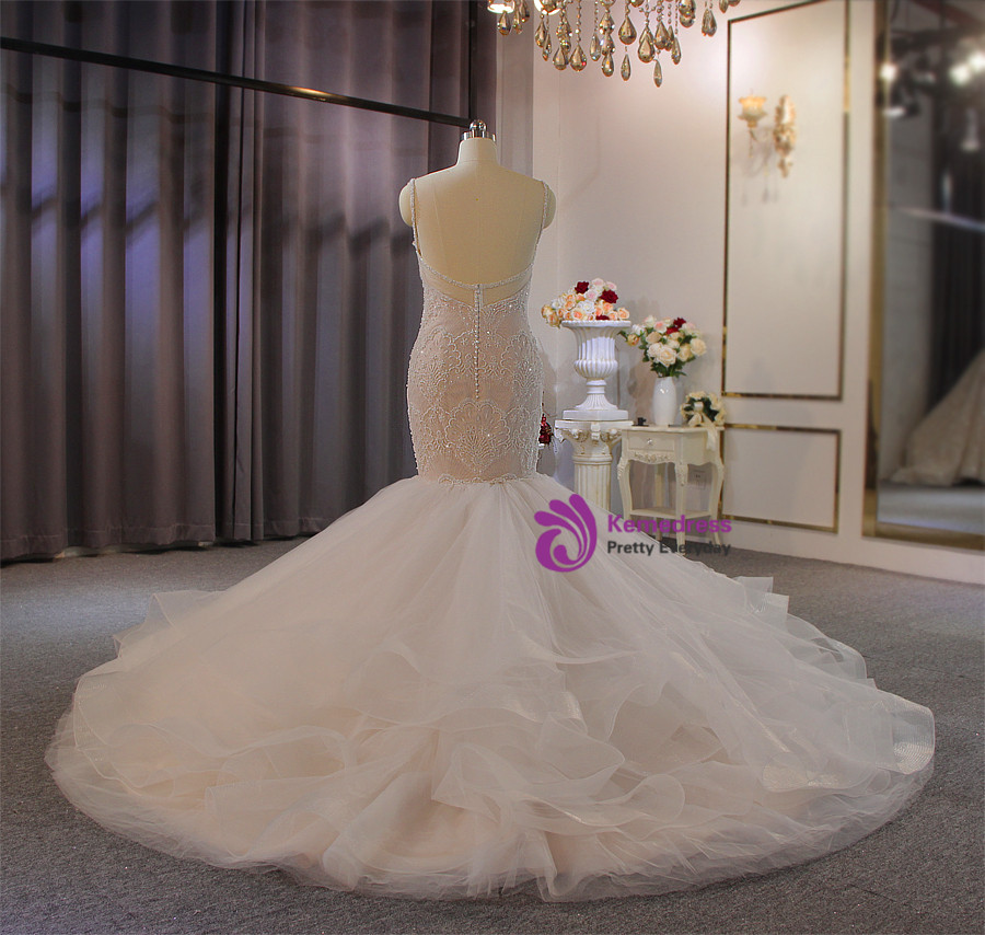 Pretty White Spaghetti Straps Tulle Appliques Beaded Mermaid Long Party Dress Birthday Dress SP1872