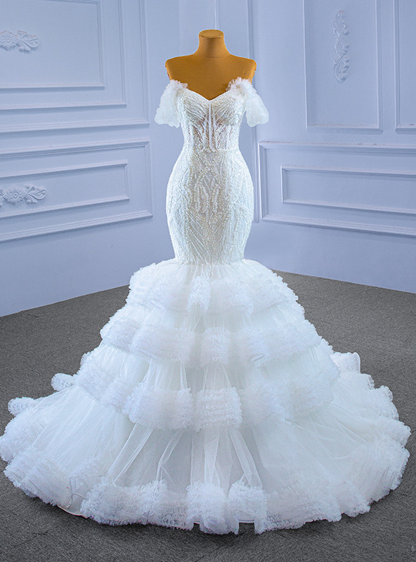 White Mermaid Long Sleeve Appliques Wedding Dress main image 0