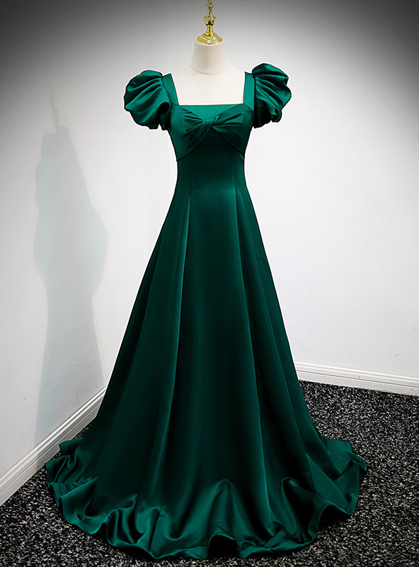 Brown Satin Square Puff Sleeve Bow Evening Prom Dress main image 0