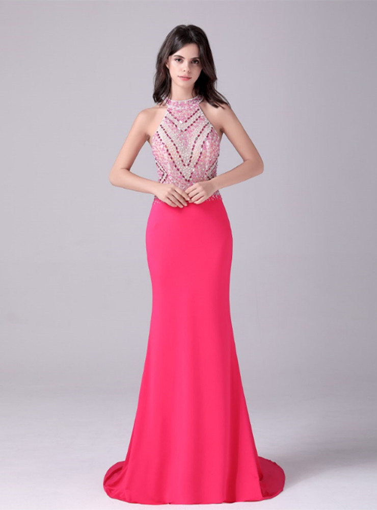 Mermaid Halter Pink Chiffon Floral Long Prom Dresses Evening Dress main image 0
