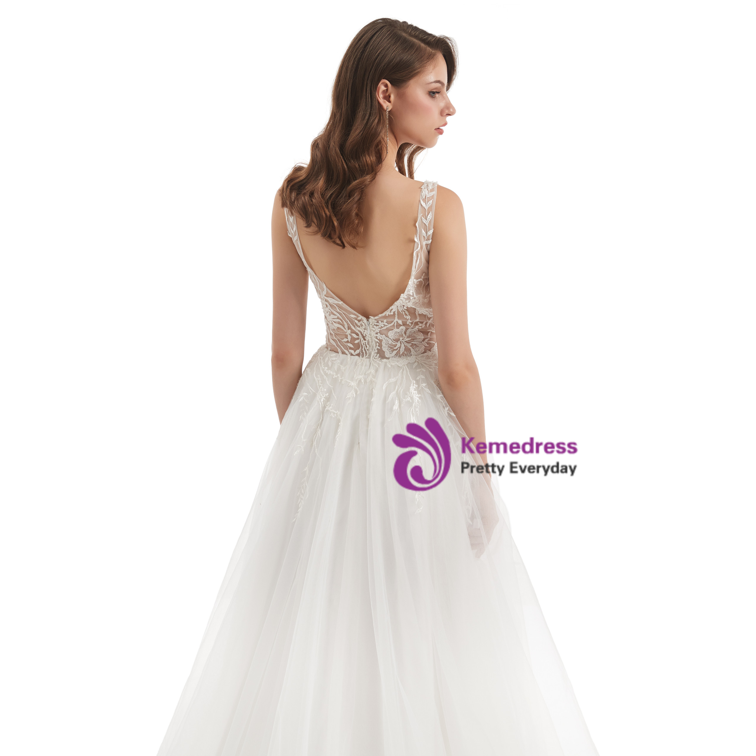 White Tulle Lace V-neck Backless Wedding Dress