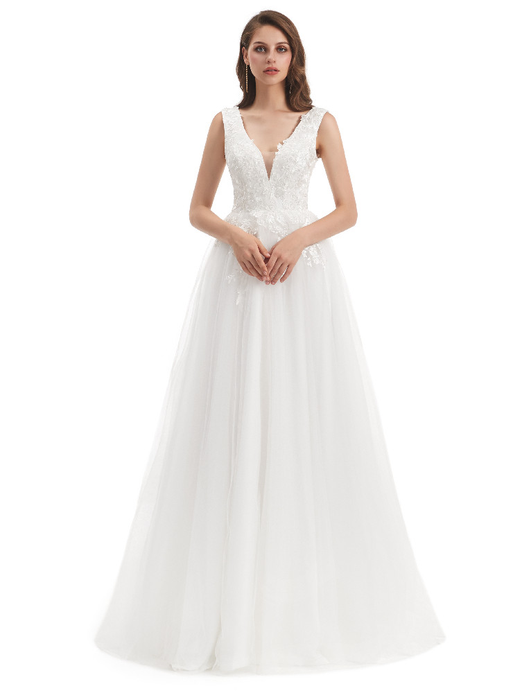 Halter Tulle Backless White Flower Wedding Dress main image 1