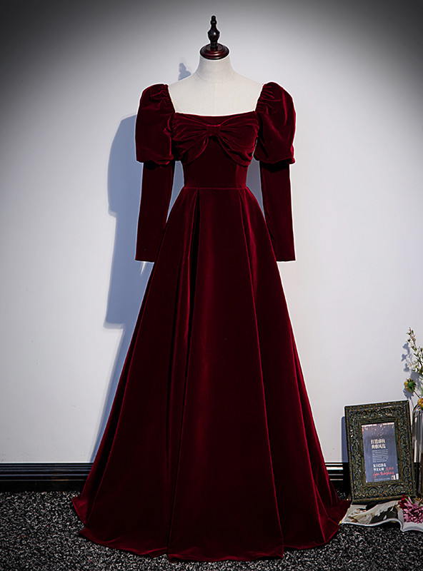 Sexy Sheath Square Neckline Burgundy Velvet Ankle Length Prom Dresses Birthday Outfits