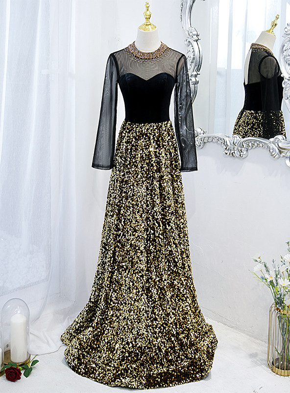 Gold Champagne Sequins Open Back Side Slit Prom Dress