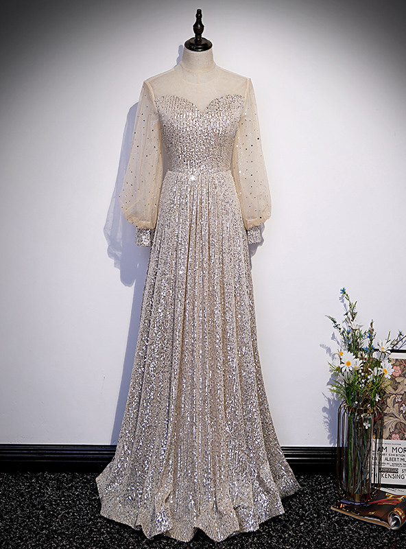 Champagne Gold V-Neck Sleeveless Layers High Waist Slim Shiny Long Formal Dress