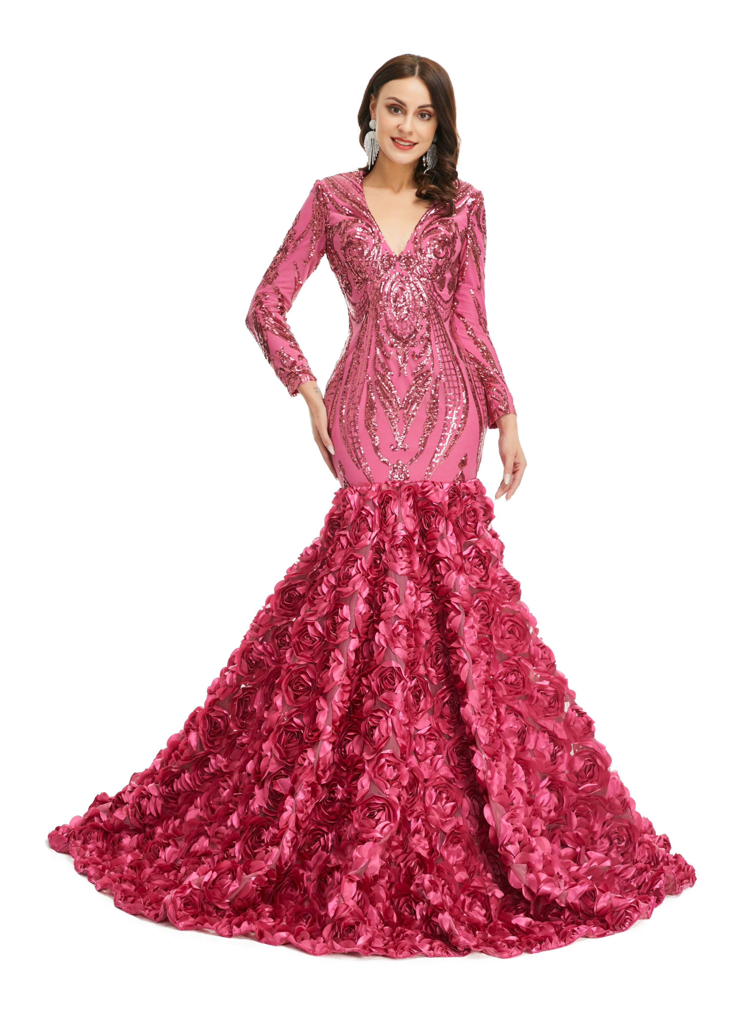 Cute Mermaid V Neck White Pink Sequins Prom Dress AB24122716 main image 0