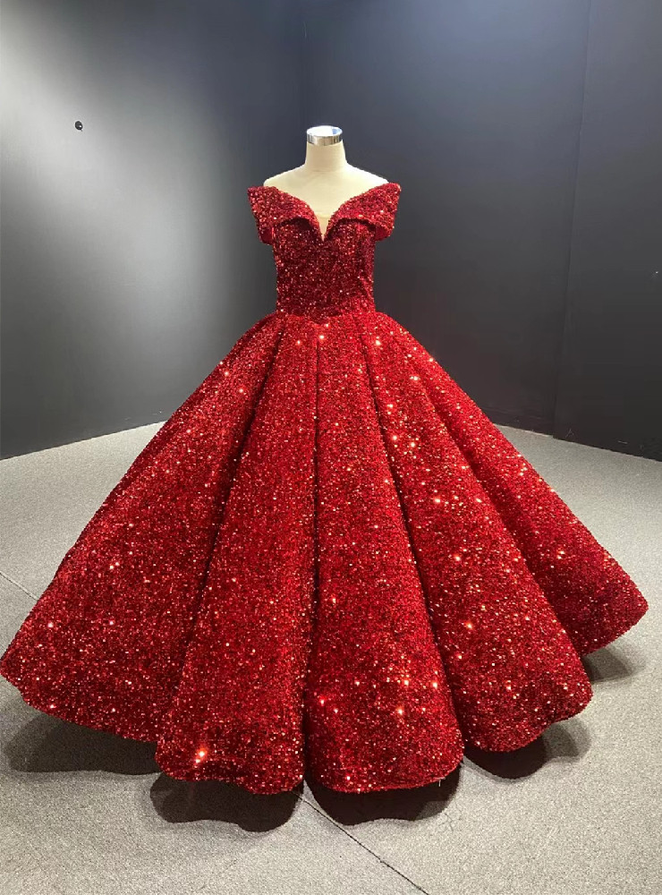 Ball Gown Off the Shoulder Sweep Train Red Sequined Prom Dress LBQ2329