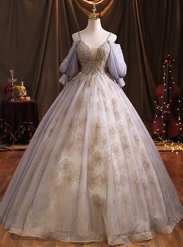 Purple Tulle Puff Sleeve Appliques Quinceanera Dress Evening Dress