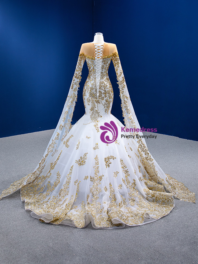 Chic White And Gold Mermaid Prom Dress Sequins High Collar Chiffon Long main image 1