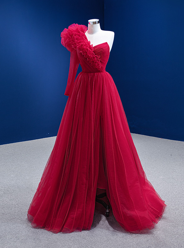 One-Shoulder Pleated Bodice Glitter Tulle Dress Blue main image 1