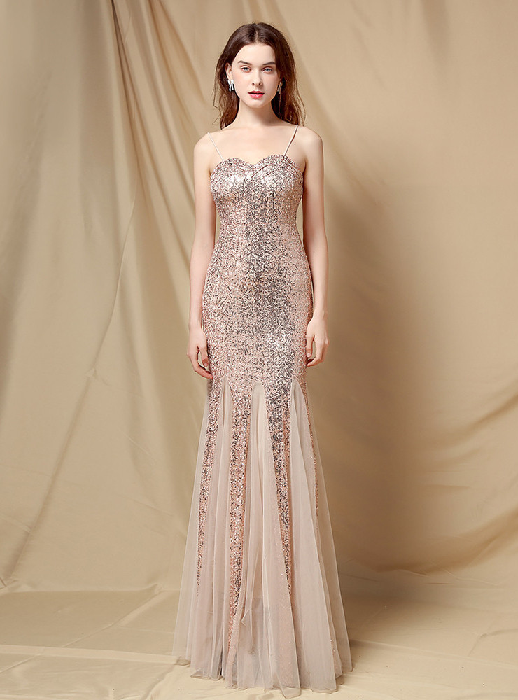 Gold Lace Spaghetti Straps Sexy Long Formal Dress Evening Party Dresses