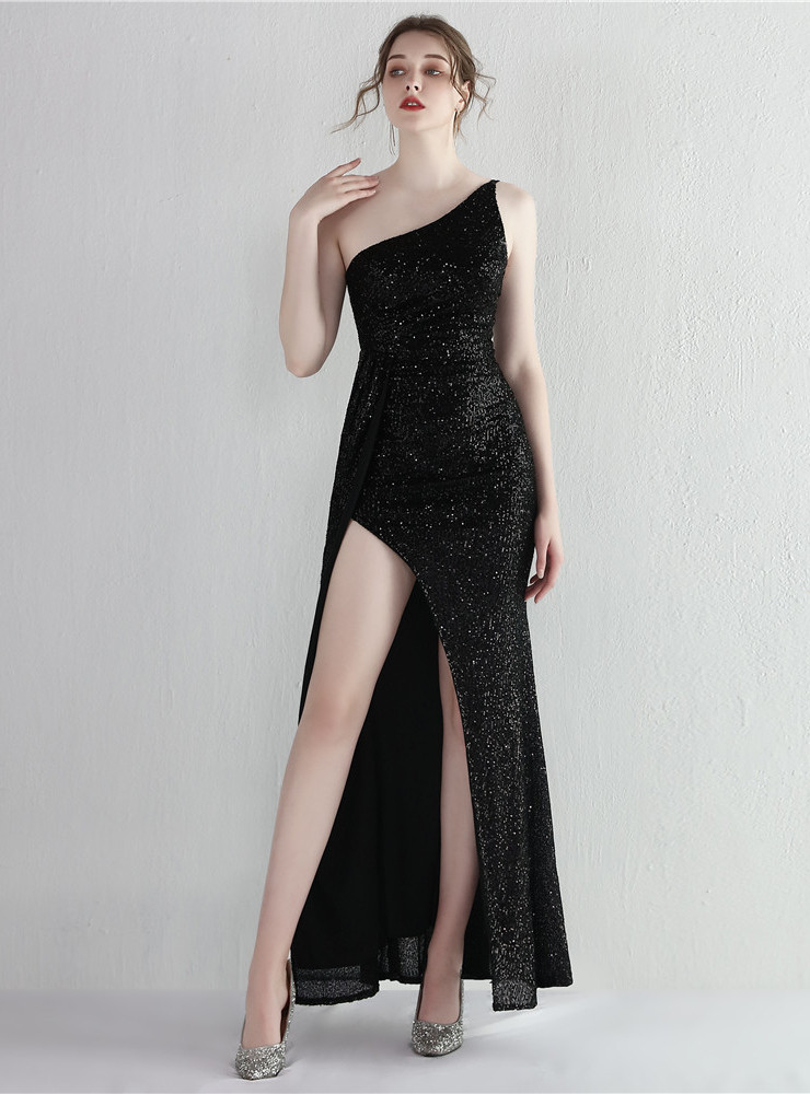 30140 Black Sequins Slit One Shoulder Dress