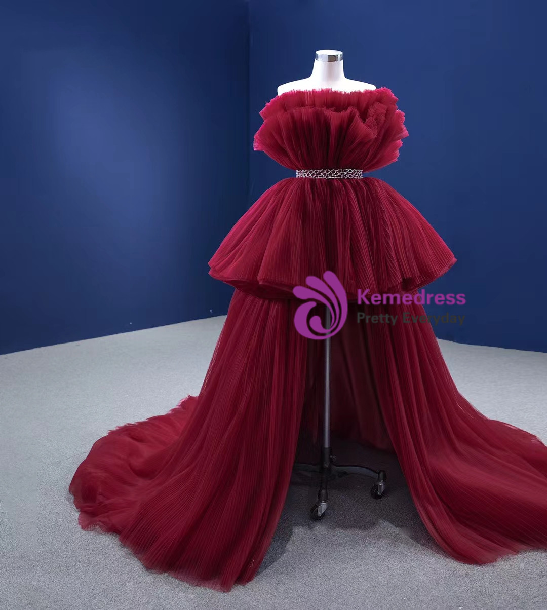 Black Burgundy Strapless High Low Tulle Party Prom Dress