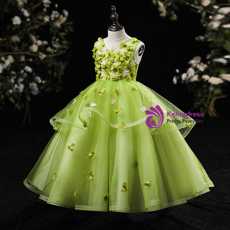 V-Neck Applique Tulle A-Line Flower Girl Dress Sky Blue main image 1