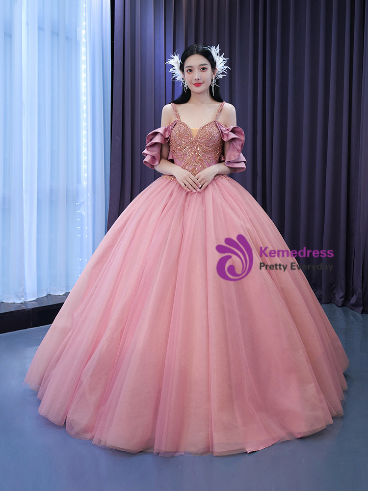 Pink Tulle Spaghetti Straps Ruffles Ball Gown Prom Dresses LBQ1434 main image 1