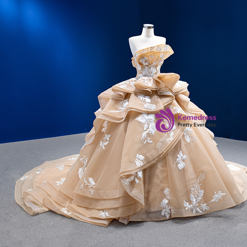 Dark Champagne Sheer Tulle Appliques Sexy Long Sleeves Prom Dress main image 1