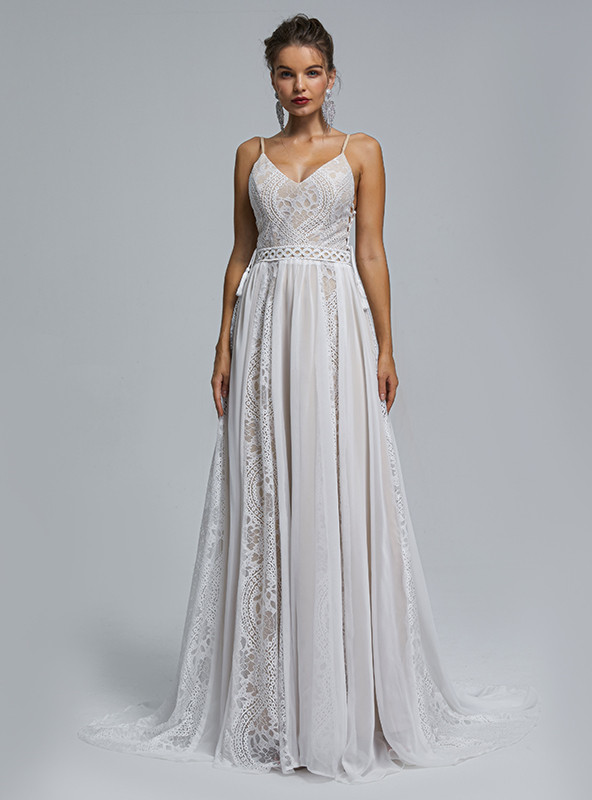 Spaghetti Straps Chiffon Floor Length Backless Wedding Dress