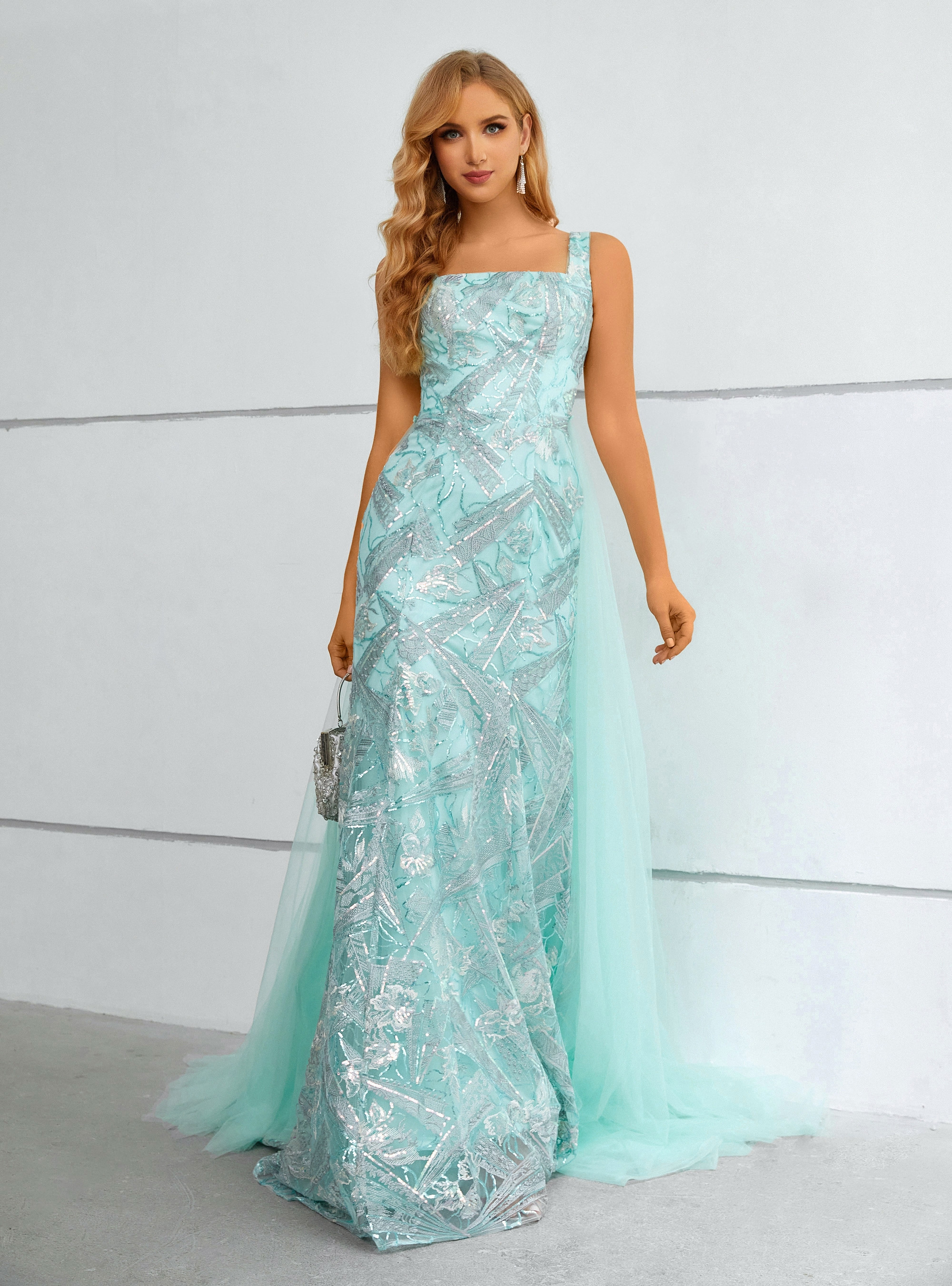 Black Sequins Spaghetti Straps Side Slit Criss-Cross Prom Dress