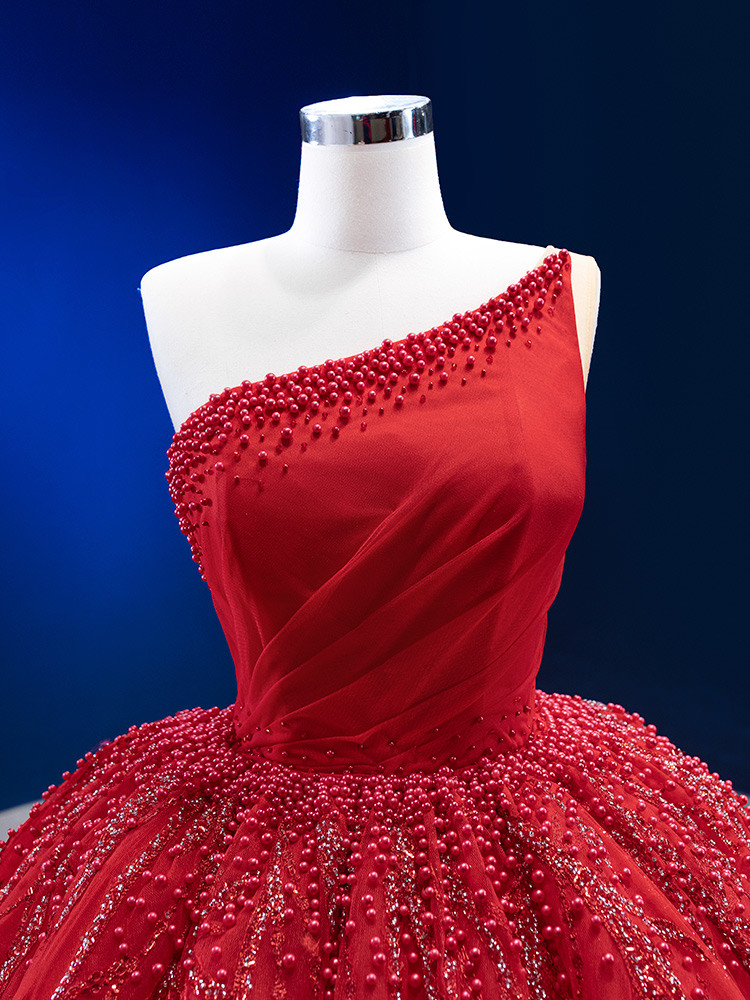 Red Tulle Strapless Beading Prom Dress main image 0