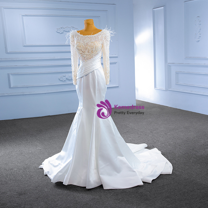 Pretty White Satin Pleated Sheath Long Wedding Dress Formal Bridal Dress SP2199 main image 0