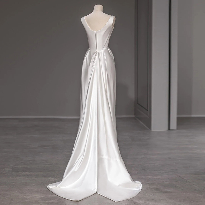 White Straps A-Line Satin Long Party Dress Evening Dress, DP2977