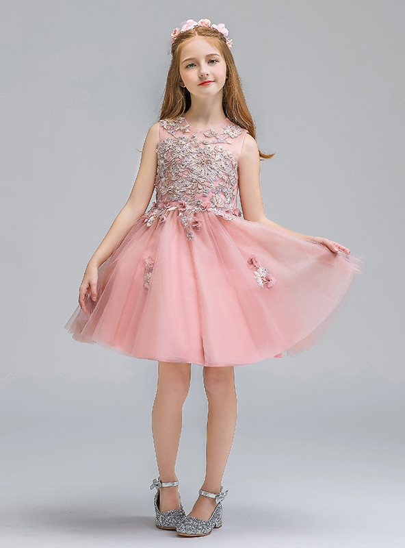 Scoop Neck A-Line Flower Girl Dress With 3D Floral Pearl Pink main image 1