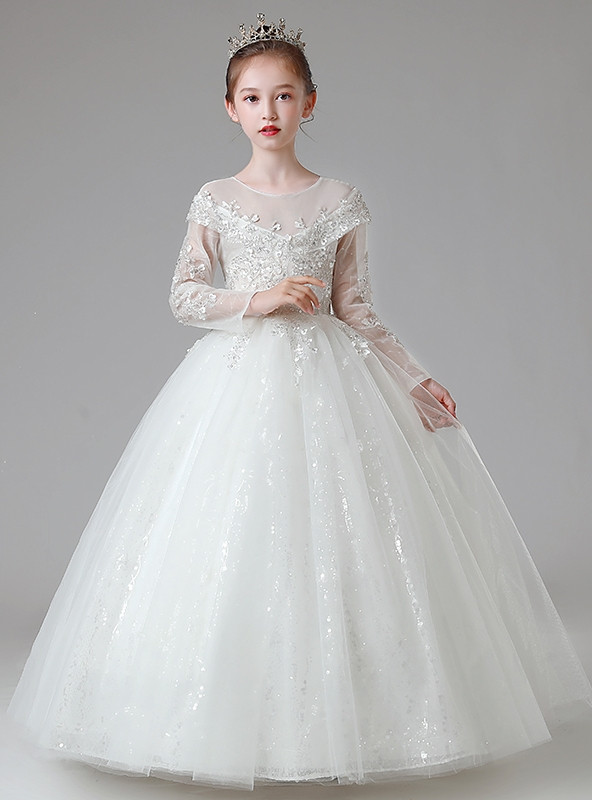 Long Sleeve Flower Girl Dresses with Butterfly Design & Beading
