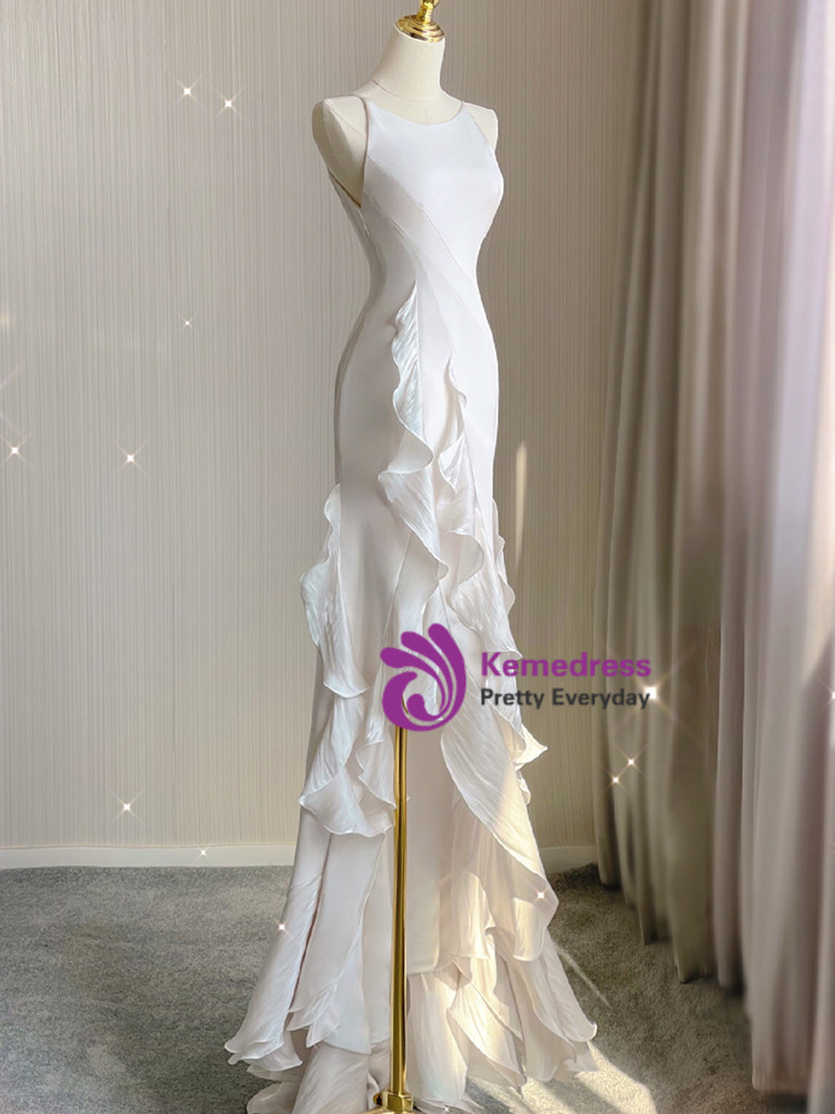 White Halter Trumpet/Mermaid Floor Length Prom Dresses