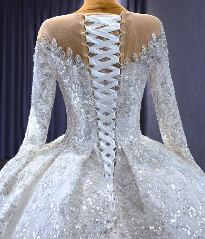 White Tulle Long Sleeve Sequins Wedding Dress