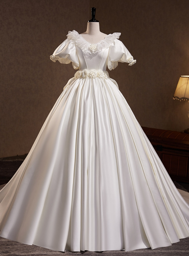 Simple White Puff Sleeves Wedding Dress,White Bridal Gown Y6738 main image 1