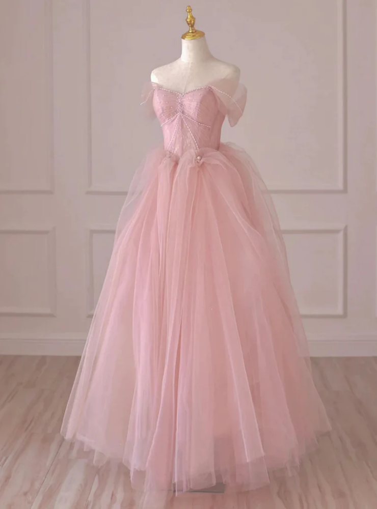 A Line Light Pink Tulle Off Shoulder Appliques Prom Dress LBQ4075 main image 1