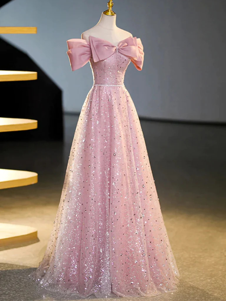 Pink Off-the-Shoulder Sequin Prom Dress with Bubble Sleeves and Tulle Belt main image 0