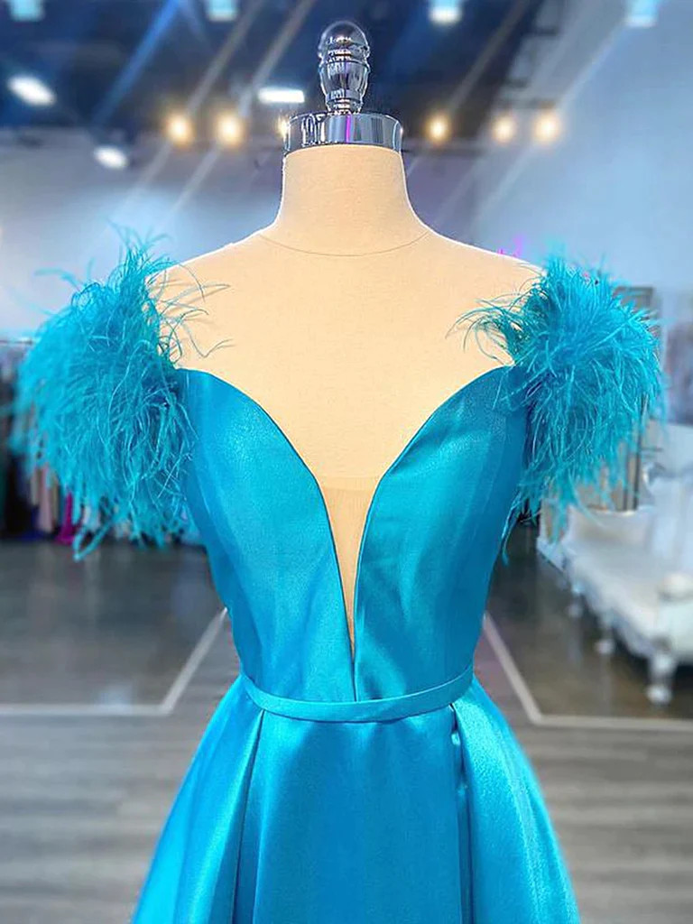 Blue Off Shoulder Cocktail Dress with Feathers
